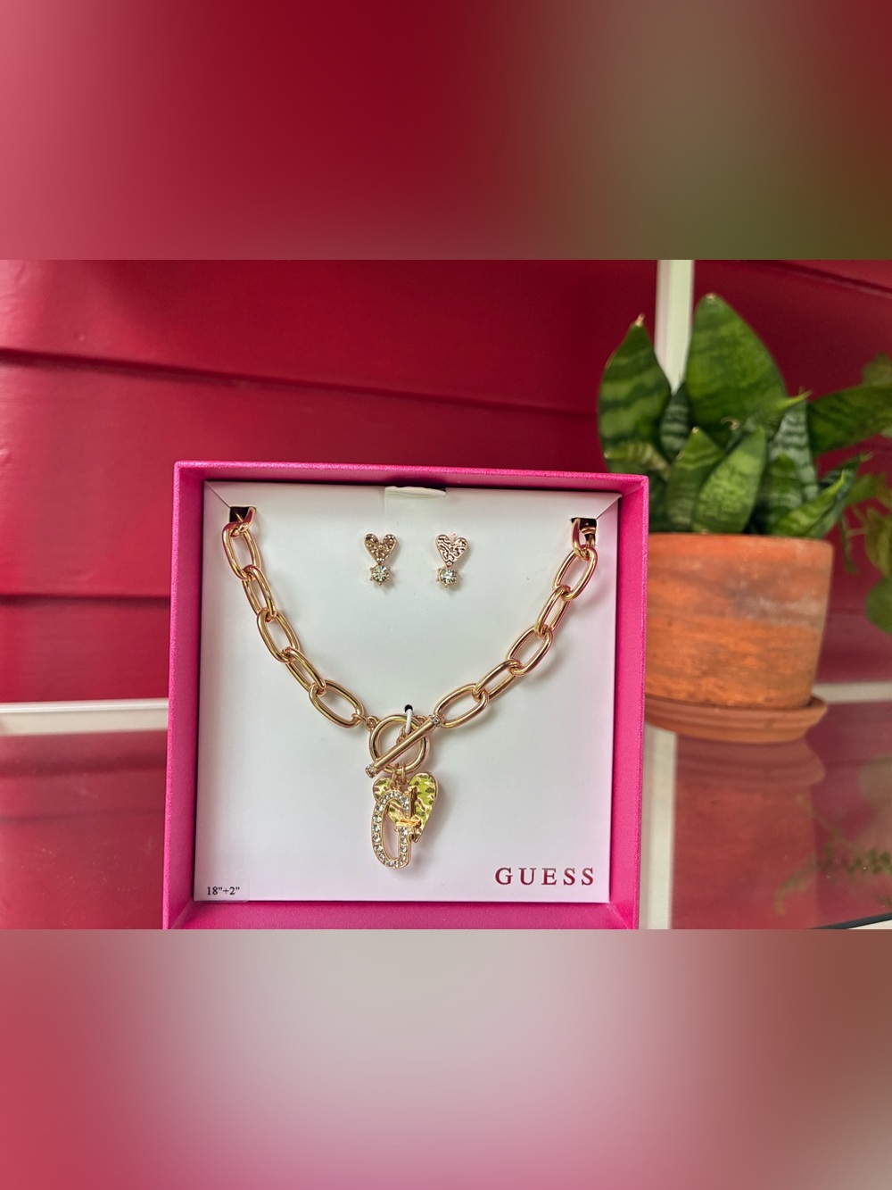 GUESS Gold-Tone Link Necklace with Heart & Padlock Charms and Heart Studs, NEW!